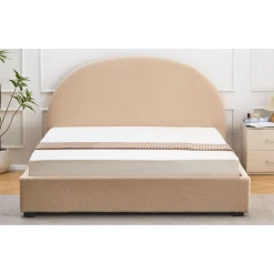 3S. x Home Lit-coffre complet avec tête de lit arrondie Tissu bouclette Beige