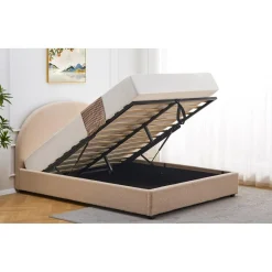 3S. x Home Lit-coffre complet avec tête de lit arrondie Tissu bouclette Beige