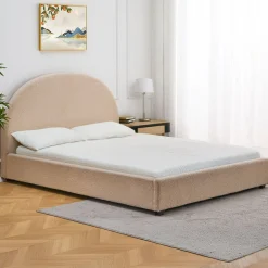 3S. x Home Lit-coffre complet avec tête de lit arrondie Tissu bouclette Beige