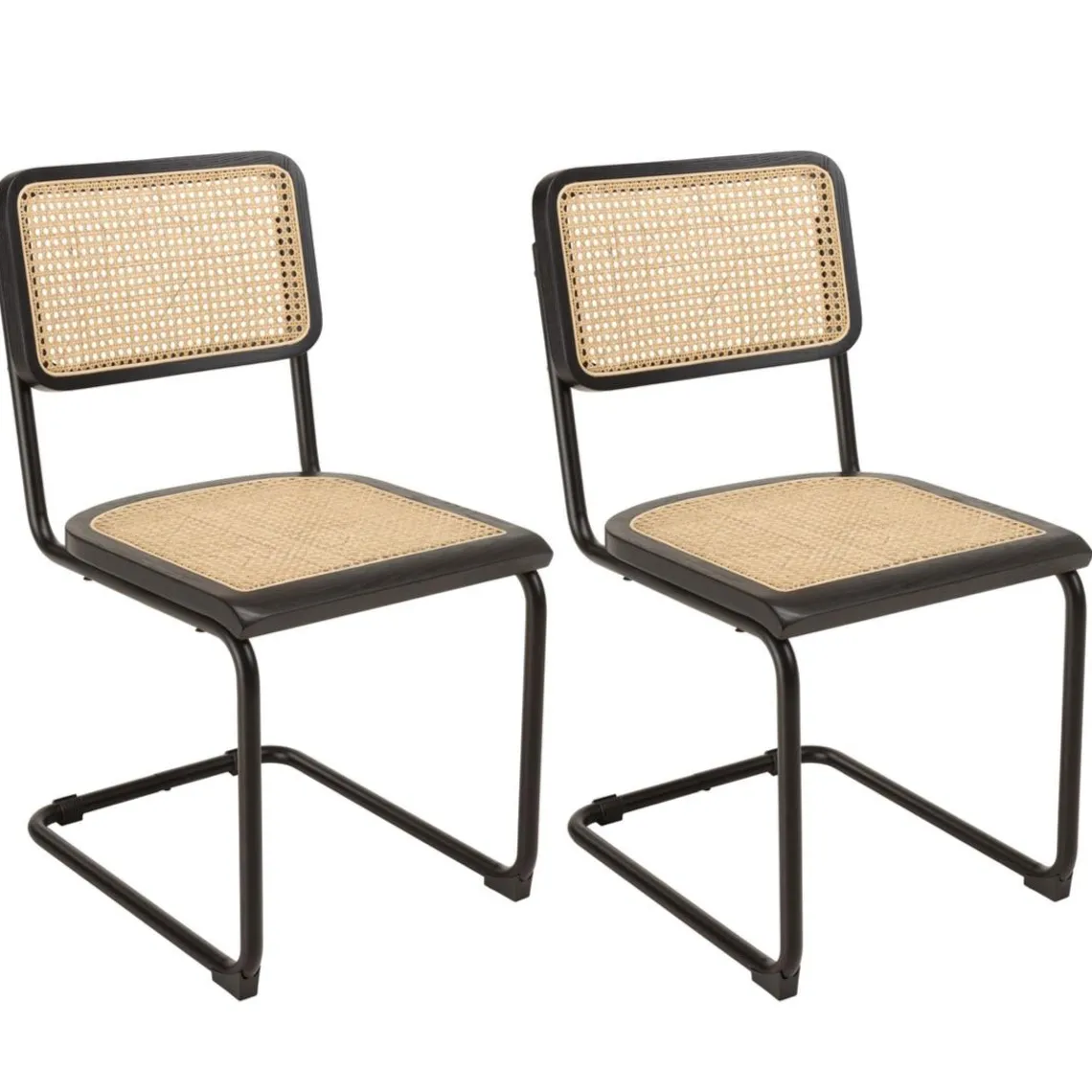Macabane Lot de 2 chaises assise bois noir rotin naturel pieds métal PIERRE Clearance