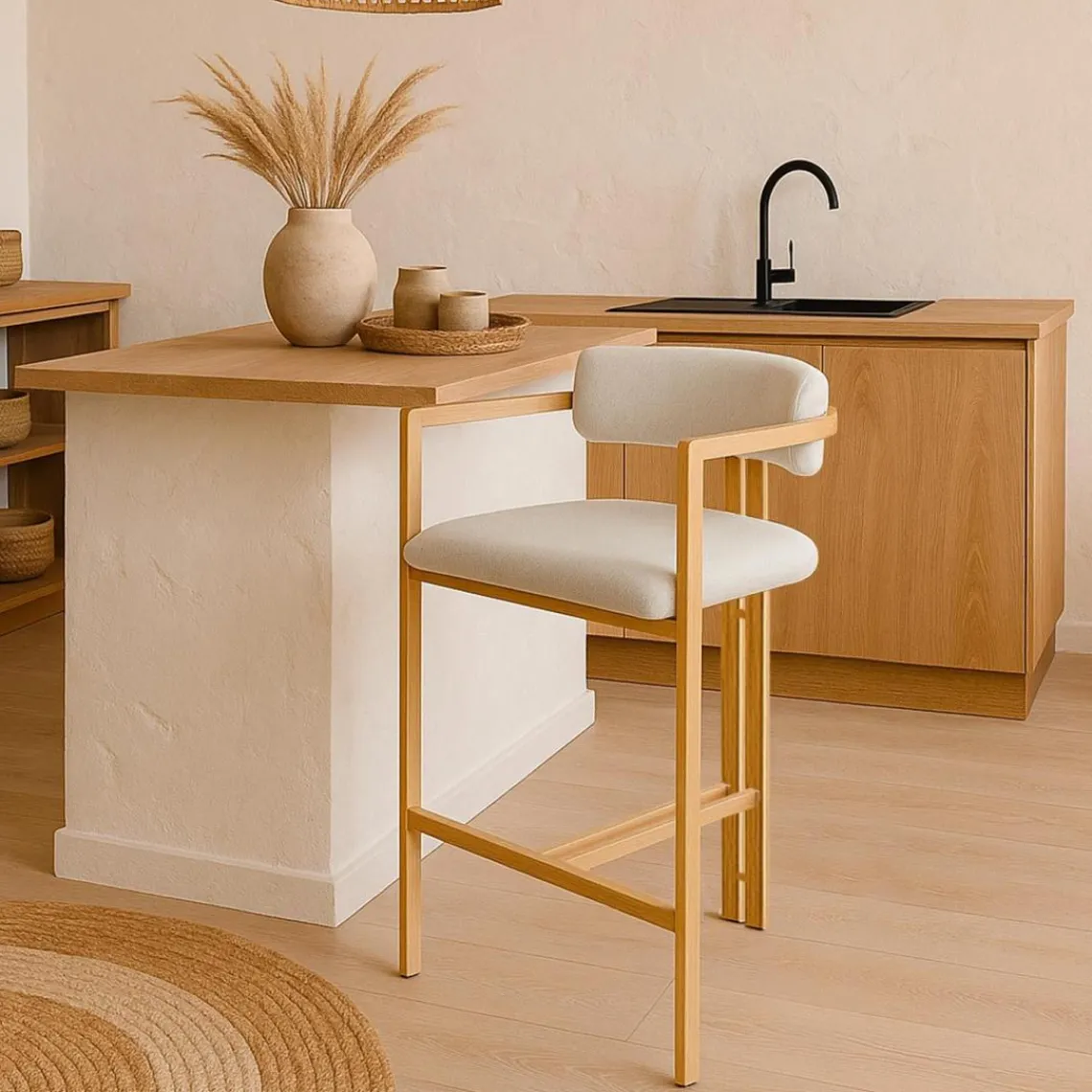 3S. x Home Lot de 2 chaises de bar design Galilea Métal Effet bois clair et Tissu Beige Clearance