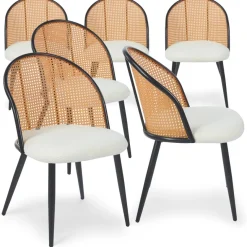 3S. x Home Lot de 6 chaises design Showan avec cannage Rotin et Tissu bouclette Crème Best