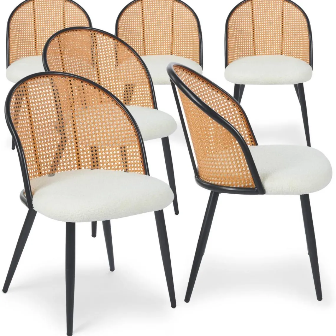 3S. x Home Lot de 6 chaises design Showan avec cannage Rotin et Tissu bouclette Crème Best