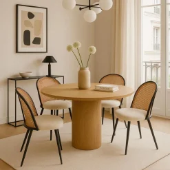 3S. x Home Lot de 4 chaises design Showan avec cannage Rotin et Tissu bouclette Crème Hot