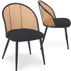 3S. x Home Lot de 2 chaises design Showan avec cannage Rotin et Tissu bouclette Noir Clearance