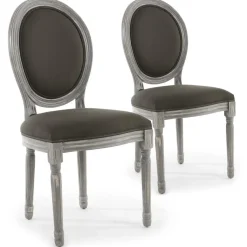 3S. x Home Lot De 2 Chaises Médaillon Bois Patiné & Tissu VINCI Gris Discount