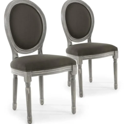 3S. x Home Lot De 2 Chaises Médaillon Bois Patiné & Tissu VINCI Gris Discount