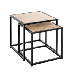 3S. x Home Lot de 2 tables d'appoint métal noir laqué plateau décor chène New