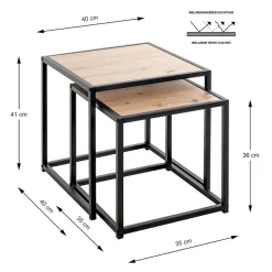 3S. x Home Lot de 2 tables d'appoint métal noir laqué plateau décor chène New