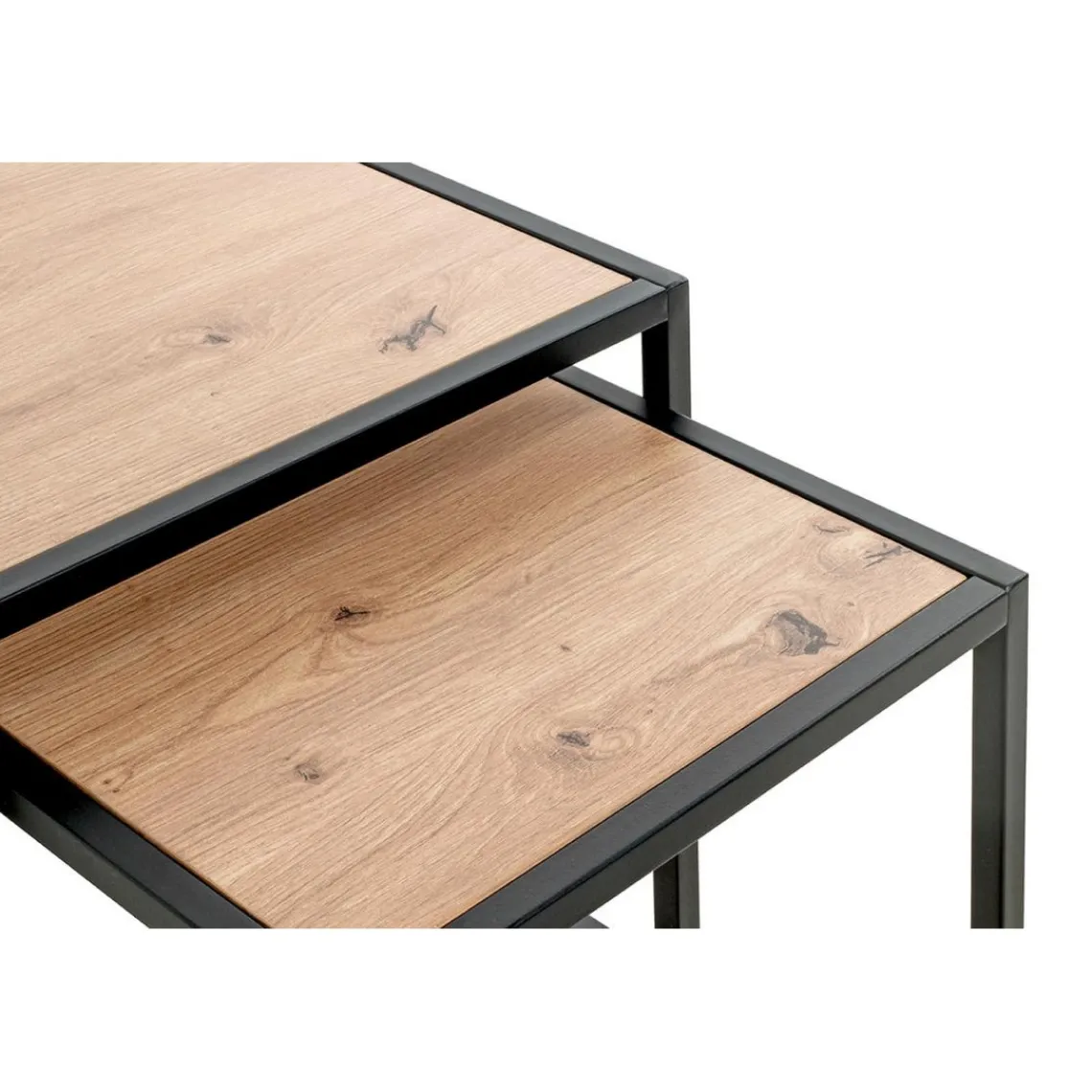 3S. x Home Lot de 2 tables d'appoint métal noir laqué plateau décor chène New