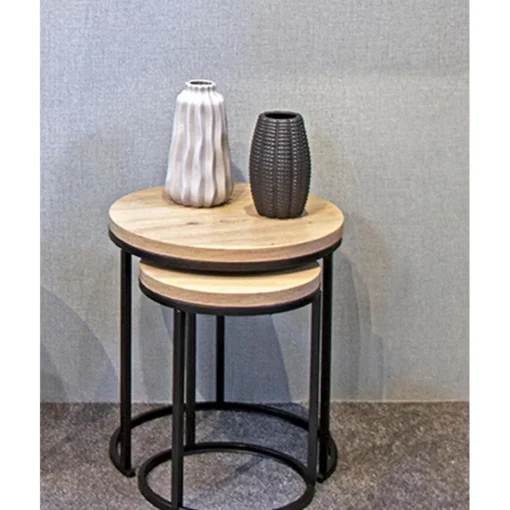 3S. x Home Lot de 2 tables d'appoint ronde plateau en décor chène New