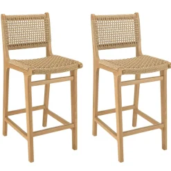 Macabane Lot de 2 tabourets bar de jardin teck rotin synthétique beige VALERIA