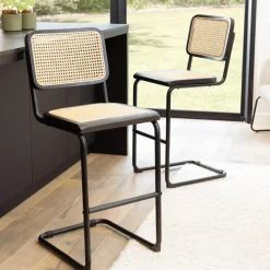 Macabane Lot de 2 tabourets d'ilot bois noir rotin naturel pieds métal PIERRE Sale