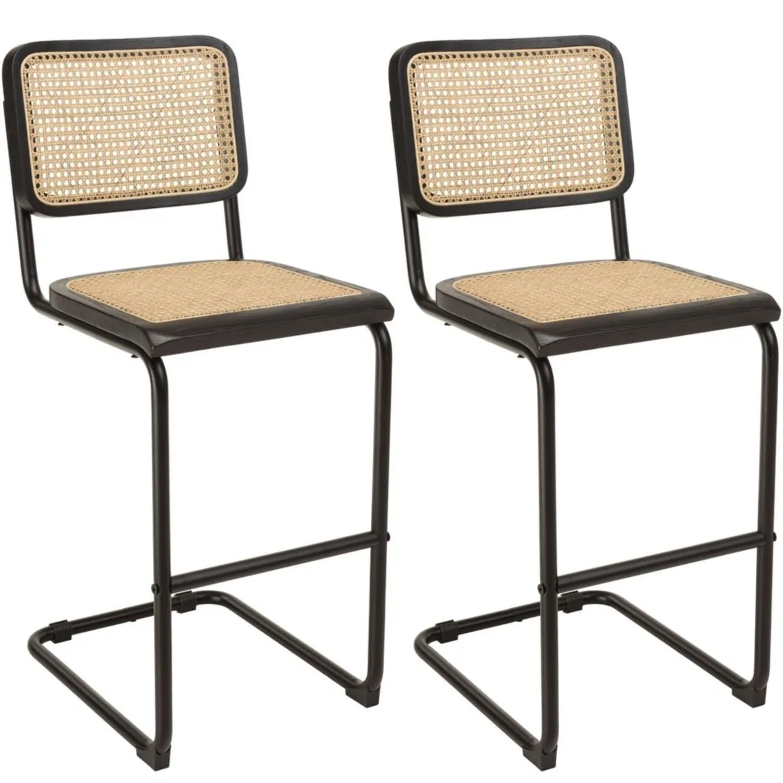 Macabane Lot de 2 tabourets d'ilot bois noir rotin naturel pieds métal PIERRE Sale