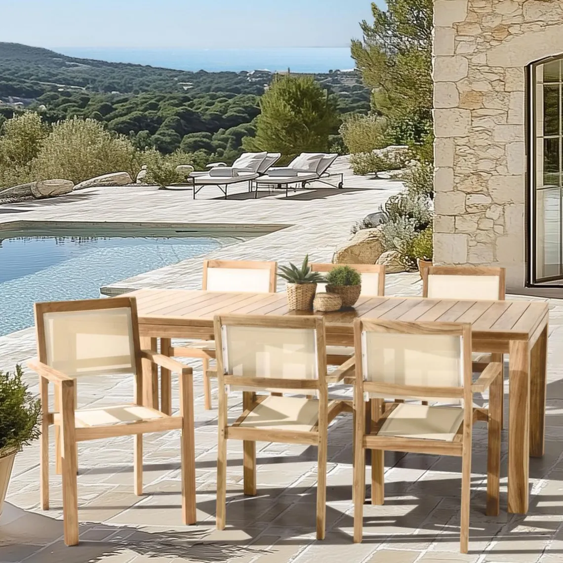 Macabane Lot n°168 Salon de jardin en teck et textilène 8/10 personnes Outlet