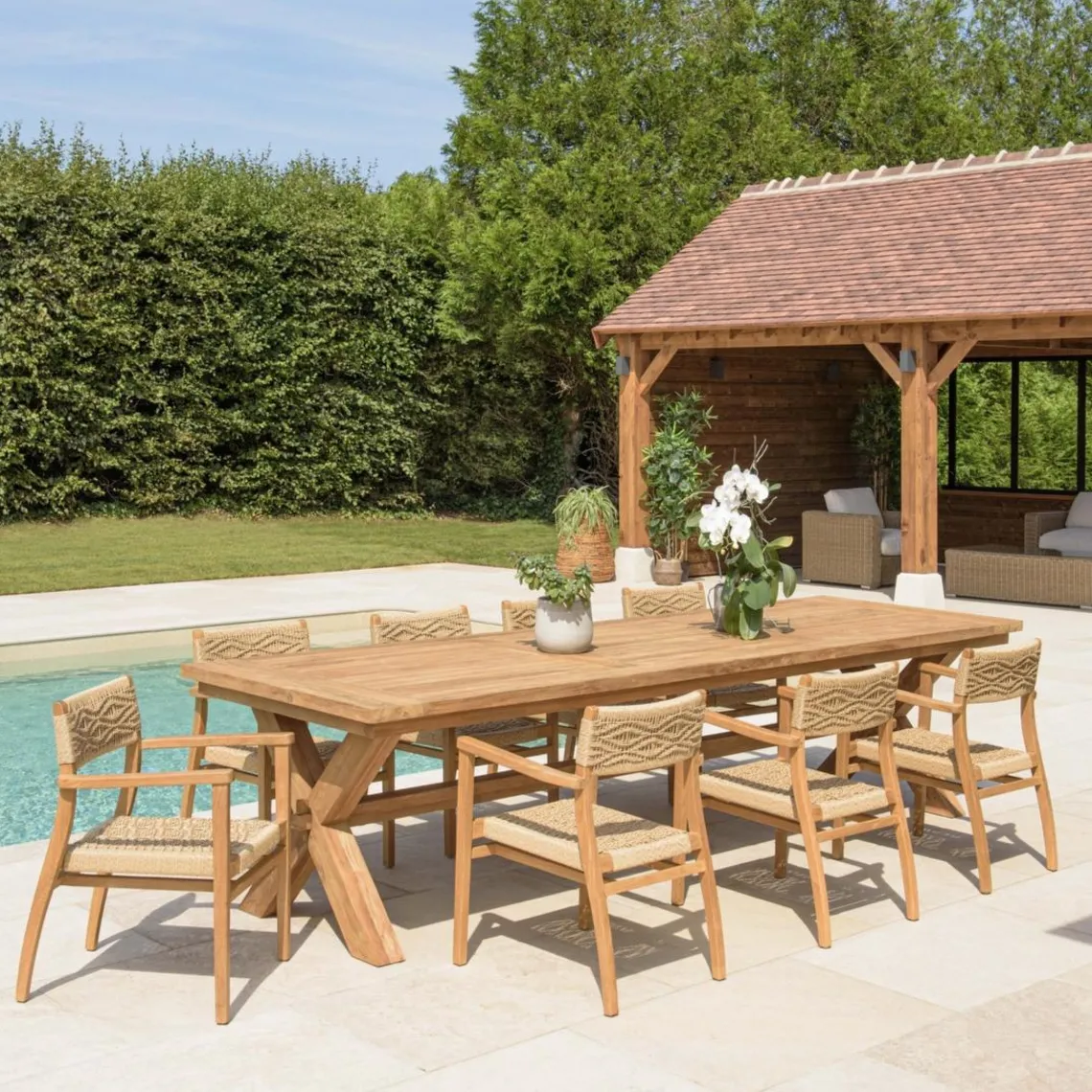 Macabane Lot n°8 Salon de jardin teck recyclé rotin synthétique 8 à 10 personnes VALERIA Discount