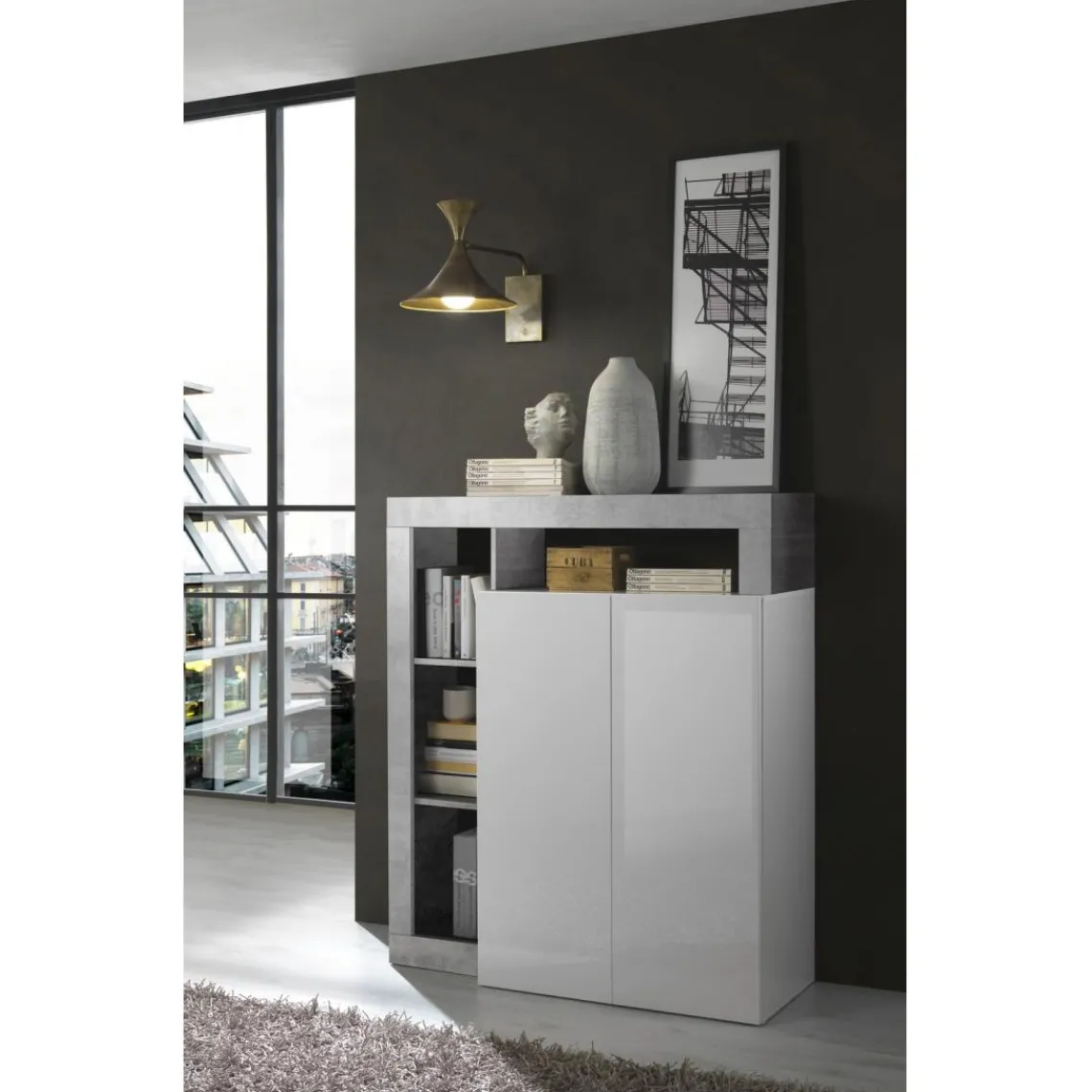 3S. x Home Meuble bar 2 portes blanc lacqué brillant béton Clearance