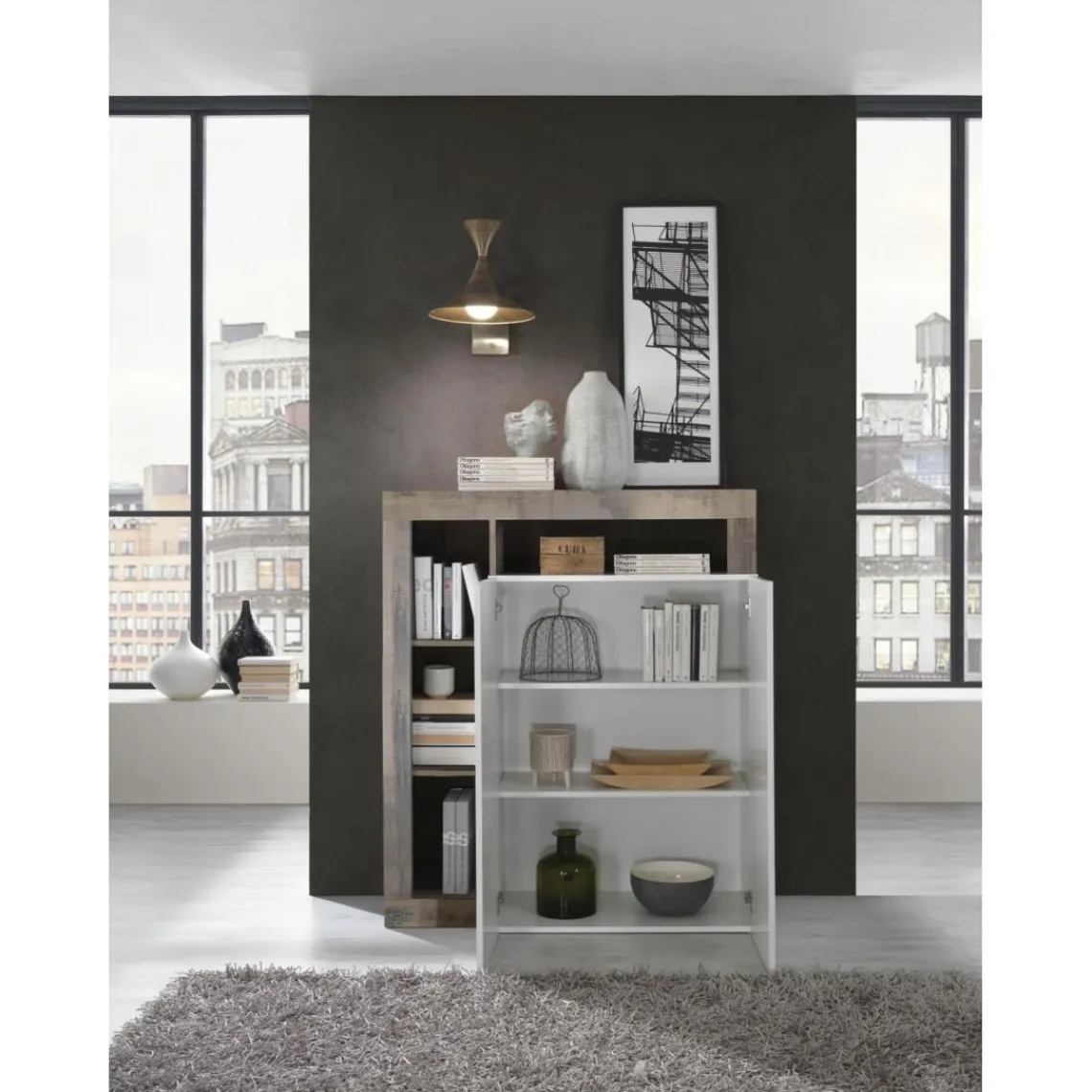 3S. x Home Meuble bar 2 portes HAMBURG décor chene et laqué blanc Outlet