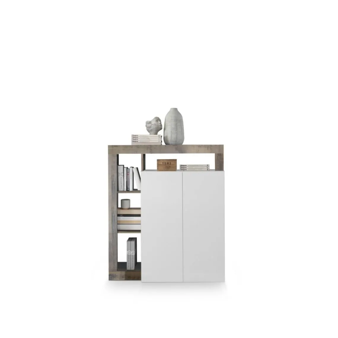 3S. x Home Meuble bar 2 portes HAMBURG décor chene et laqué blanc Outlet