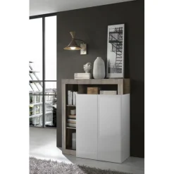 3S. x Home Meuble bar 2 portes HAMBURG décor chene et laqué blanc Outlet
