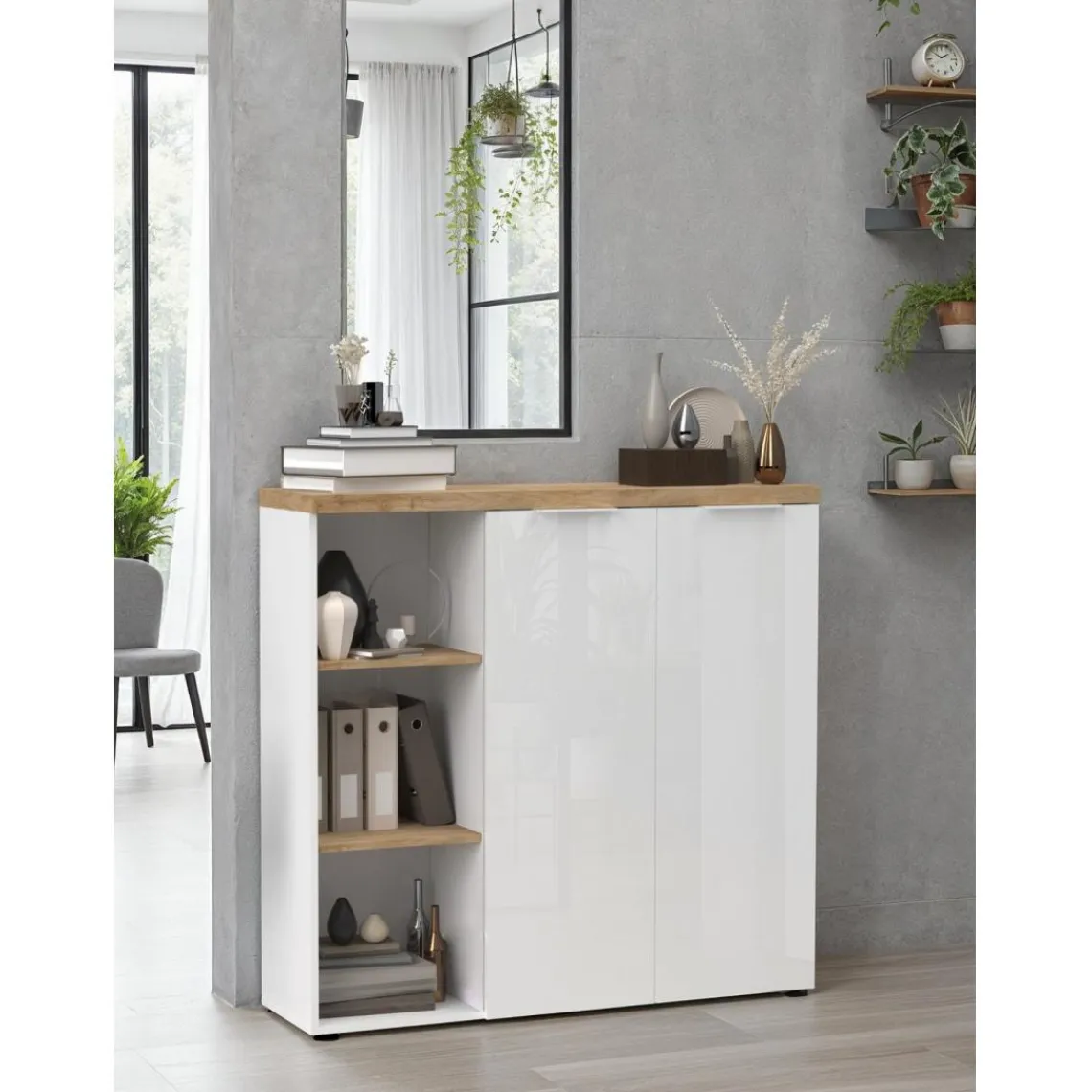 3S. x Home Meuble de bureau bas 2 portes 2 étagères niche avec 2 étagères chene poigné métal EASY Online