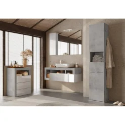 3S. x Home Meuble de rangement salle de bain 3 tiroirs coloris béton façade blanc L64xH78 cm Hot