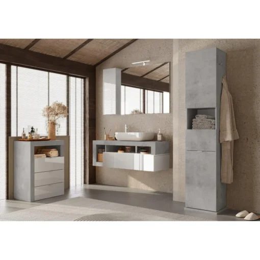 3S. x Home Meuble de rangement salle de bain 3 tiroirs coloris béton façade blanc L64xH78 cm Hot