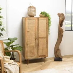 Macabane Meuble haut marron 2 portes bois de manguier cannage naturel ISA Discount