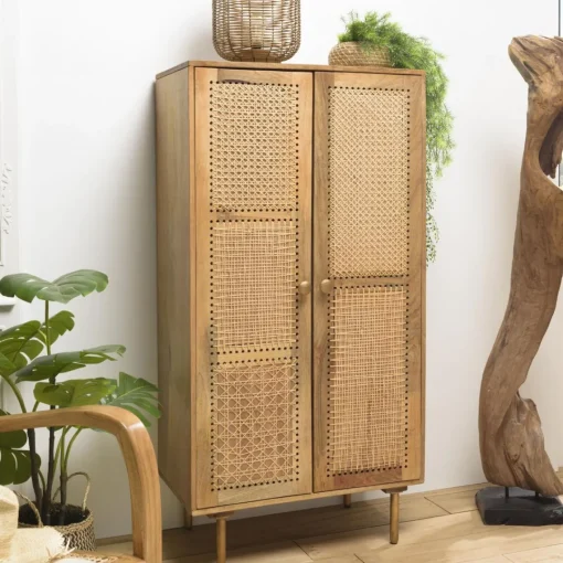 Macabane Meuble haut marron 2 portes bois de manguier cannage naturel ISA Discount