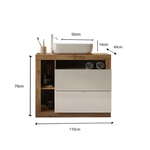 3S. x Home Meuble salle de bain Ancona sur pieds 2 Tiroirs 3 niches vasque à poser Hot