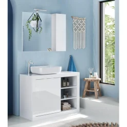 3S. x Home Meuble salle de bain Bari sur pieds Blanc laqué Brillant 110 cm Hot