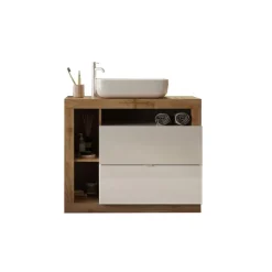 3S. x Home Meuble salle de bain sur pieds Ancona 2 Tiroirs 3 niches avec vasque à poser 78 cm