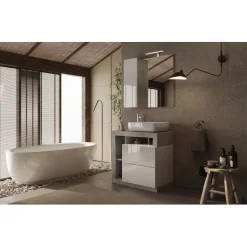 3S. x Home Meuble salle de bain sur pieds Ancona coloris Béton 2 Tiroirs 3 niches 78 cm