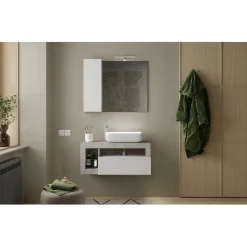 3S. x Home Meuble salle de bain suspendu Ancona coloris Béton 1 Tiroir et 2 niches vasque à poser 92 cm Sale