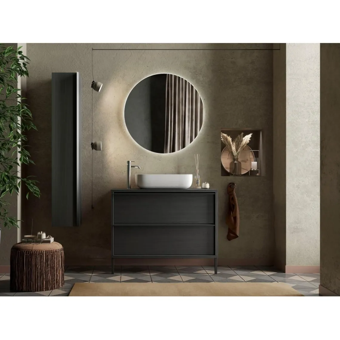 3S. x Home Meuble salle de bain Syracuse sur pieds coloris Frêne Noir 2 tiroirs et vasque Hot