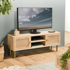 Macabane Meuble Tv 2 ALINE Niches 2 Portes Toile De Jute Pieds Métal Doré Clearance
