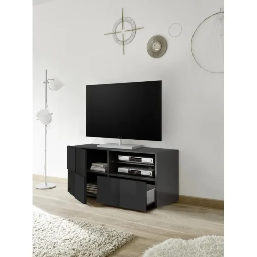 3S. x Home Meuble TV 1 porte et 1 tiroir DAMA laqué anthracite brillant