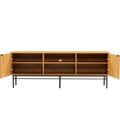 Macabane Meuble TV 2 portes 2 niches décor effet bois rainuré noir naturel SCOTT Hot