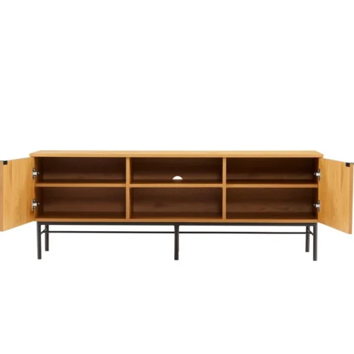 Macabane Meuble TV 2 portes 2 niches décor effet bois rainuré noir naturel SCOTT Hot