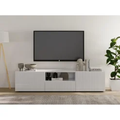 3S. x Home Meuble TV 2 portes 1 tiroir RIO blanc laqué brillant Discount