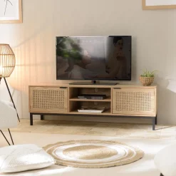 Macabane Meuble TV 2 portes cannage naturel pieds métal noir MARCEAU Clearance