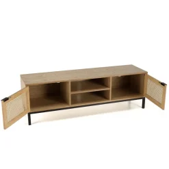 Macabane Meuble TV 2 portes cannage naturel pieds métal noir MARCEAU Clearance