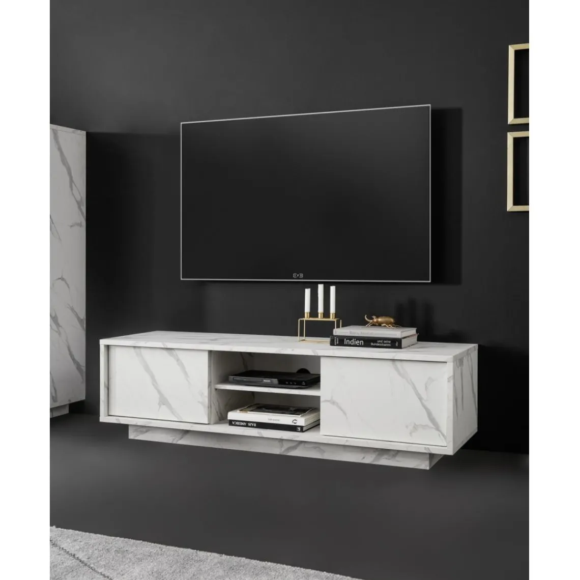 3S. x Home Meuble TV 2 portes CARRARA décor marbre blanc Sale