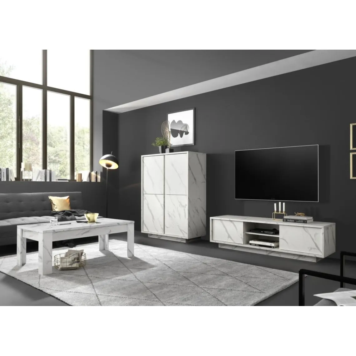 3S. x Home Meuble TV 2 portes CARRARA décor marbre blanc Sale