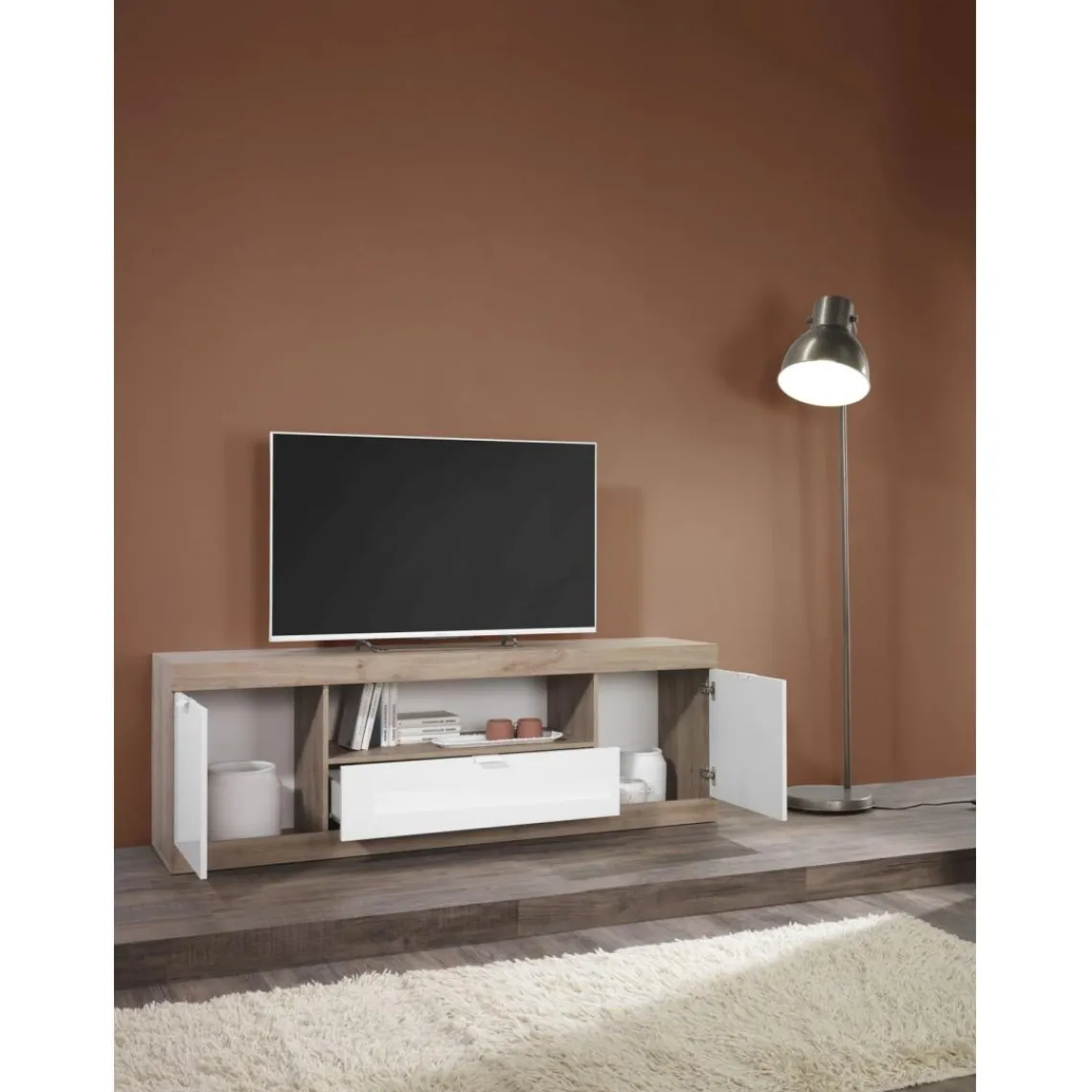 3S. x Home Meuble TV 2 portes et 1 tiroir chene cadiz New