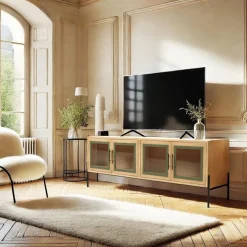 Macabane Meuble TV 4 portes vitrées encadrement vert pin et métal noir HELENA Clearance