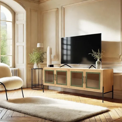 Macabane Meuble TV 4 portes vitrées encadrement vert pin et métal noir HELENA Clearance