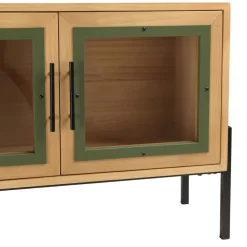 Macabane Meuble TV 4 portes vitrées encadrement vert pin et métal noir HELENA Clearance