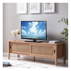 Calicosy Meuble TV avec 2 Portes Coulissantes Décor Rotin en bois Beige