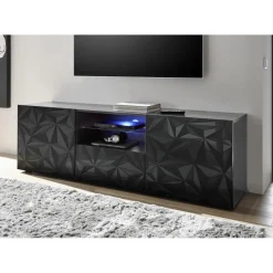 3S. x Home Meuble TV deux portes et un tiroir PRISMA laqué anthracite brillant